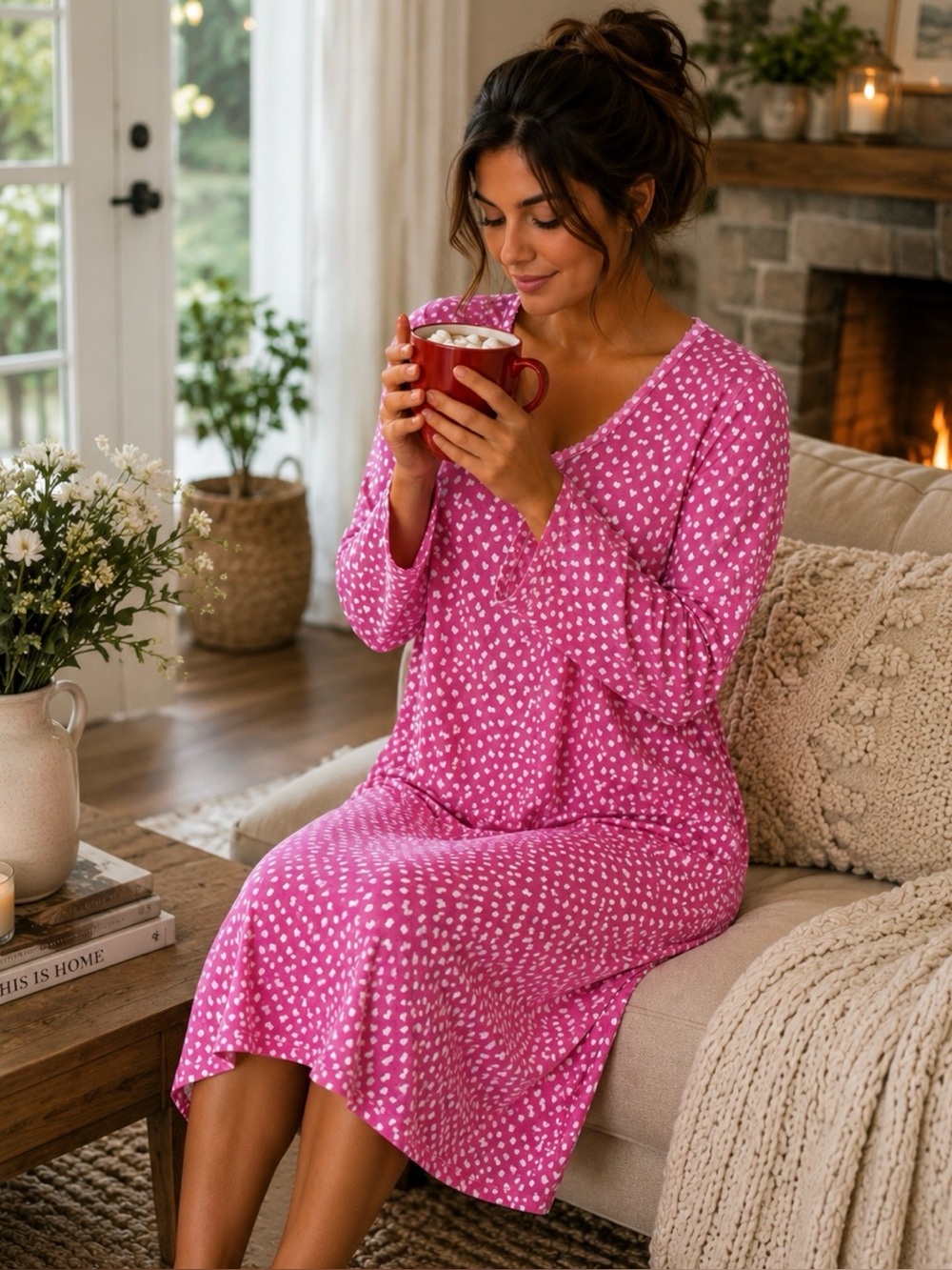 Charter Club Nightgown 100% Cotton Pink Heart-Print Long Sleeve Size XL *NWT*